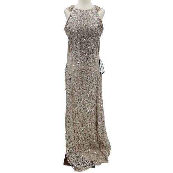 ALEX & EVE SZ 6 M Mauve Flyaway-Back Sequin Lace Halter Maxi Gown NWT B41 *flaw - Picture 2 of 10